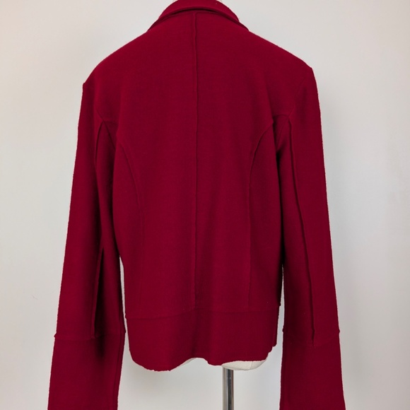 90s Boiled Wool Cardigan Jacket Cherry Red Long Sleeve Collar Button Up - Picture 6 of 11